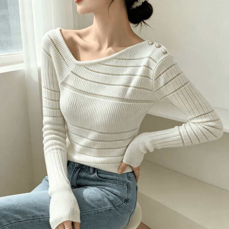 순수한 욕망 핫걸 품격 비스듬한 칼라 오프숄더 엠보싱 버클 니트 여성 시스루 몸매 가꾸기 슬림해 보이는 섹시함 맨위