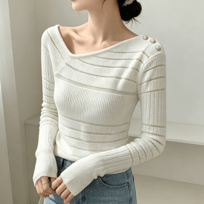 순수한 욕망 핫걸 품격 비스듬한 칼라 오프숄더 엠보싱 버클 니트 여성 시스루 몸매 가꾸기 슬림해 보이는 섹시함 맨위 이미지 2