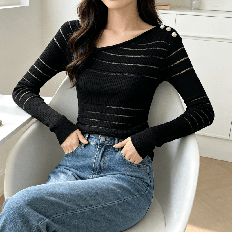 순수한 욕망 핫걸 품격 비스듬한 칼라 오프숄더 엠보싱 버클 니트 여성 시스루 몸매 가꾸기 슬림해 보이는 섹시함 맨위 상세 이미지 3