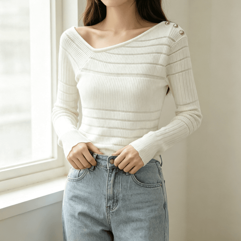 순수한 욕망 핫걸 품격 비스듬한 칼라 오프숄더 엠보싱 버클 니트 여성 시스루 몸매 가꾸기 슬림해 보이는 섹시함 맨위 상세 이미지 8