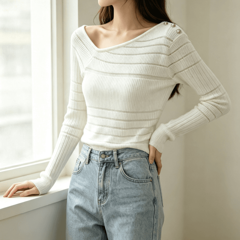 순수한 욕망 핫걸 품격 비스듬한 칼라 오프숄더 엠보싱 버클 니트 여성 시스루 몸매 가꾸기 슬림해 보이는 섹시함 맨위 상세 이미지 9
