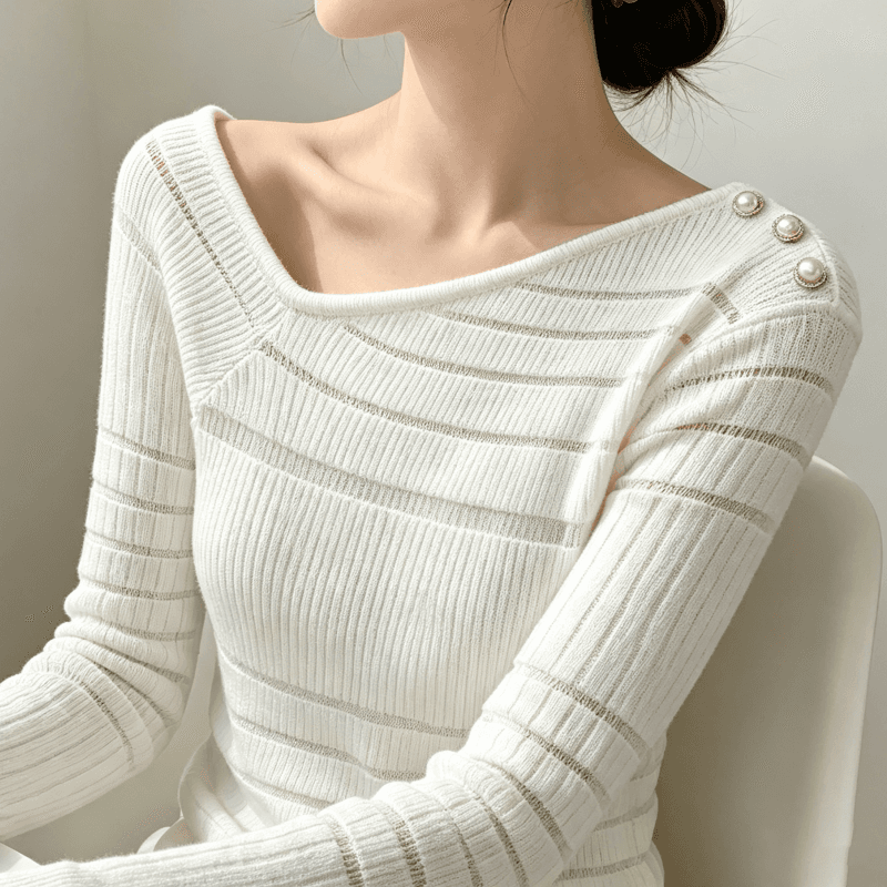 순수한 욕망 핫걸 품격 비스듬한 칼라 오프숄더 엠보싱 버클 니트 여성 시스루 몸매 가꾸기 슬림해 보이는 섹시함 맨위 이미지 4