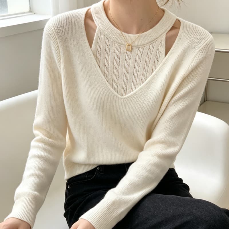 2026 가을 겨울 새로운 다용도 캐주얼 페이크 레이어드 행침 목 라운드 넥 여성 몸매 가꾸기 슬림해 보이는 스웨터 니트 스웨터 맨위 이미지 5
