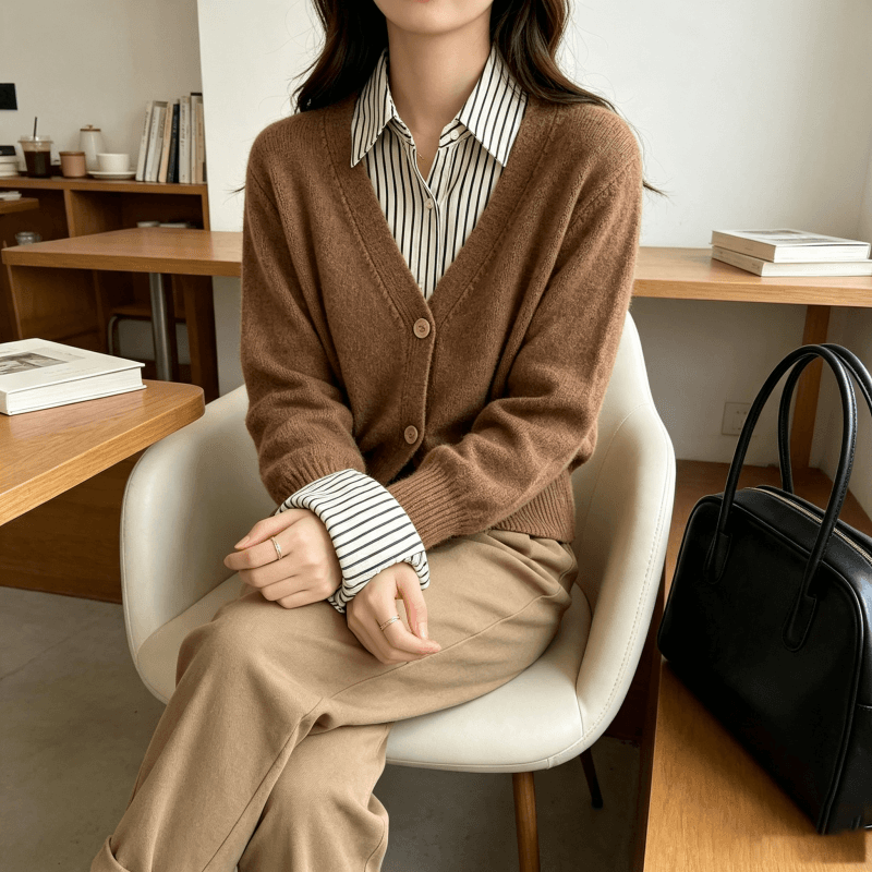 가을 겨울 새로운 슬림해 보이는 쇼트 스타일 니트 카디건 코트 V넥 다용도 긴팔 맨위 부드러운 찹쌀 단색 다용도 스웨터 상세 이미지 10