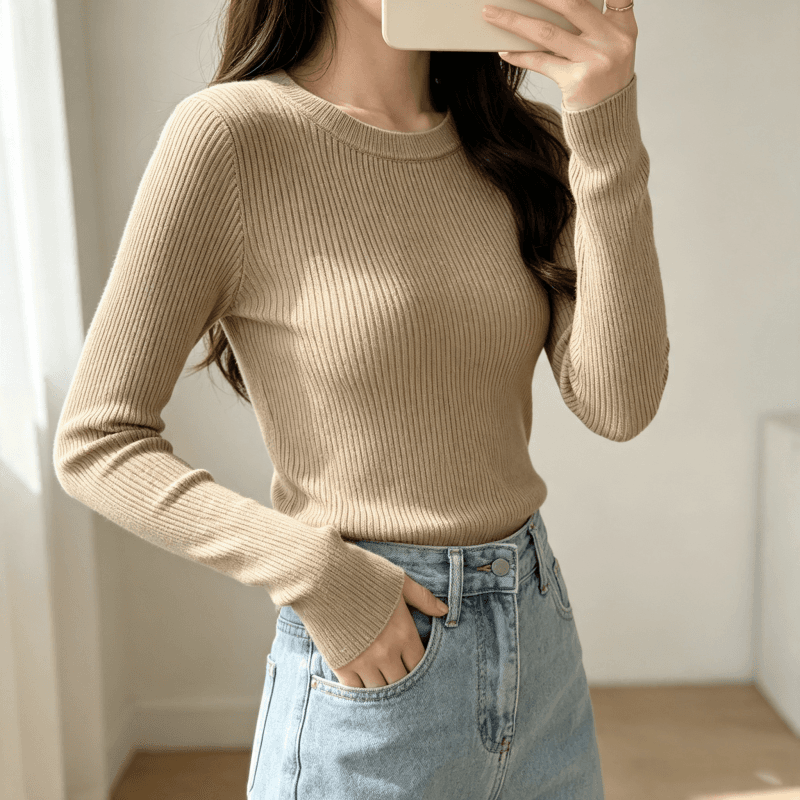 미니멀리즘 한 부서 라운드 넥 몸매 가꾸기 다용도 긴팔 니트 스웨터 인사이드 가져 가라. 스웨터 여자 가을 겨울 기본 셔츠 맨위 상세 이미지 2