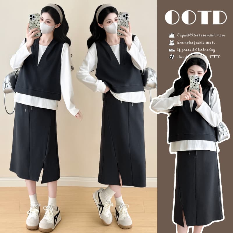 지금 실사 새로운 캐주얼 패션 빅 사이즈 긴팔 맨위 코디 베스트 반신 스커트 연령 감소 착용 가져 가라. 3종 세트 이미지 2