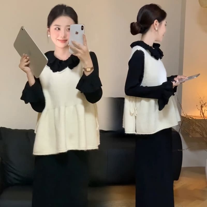 지금 가을 겨울 전체 집합 착용 가져 가라. 레트로 검정색 프릴 나팔 소매 니트 긴 소매 베스트 슬림해 보이는 세트 이미지 3