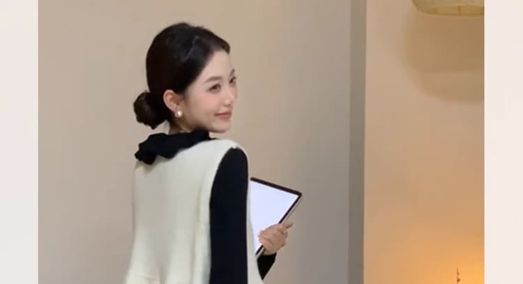 지금 가을 겨울 전체 집합 착용 가져 가라. 레트로 검정색 프릴 나팔 소매 니트 긴 소매 베스트 슬림해 보이는 세트 상세 이미지 17