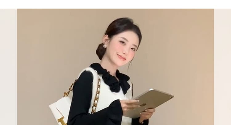 지금 가을 겨울 전체 집합 착용 가져 가라. 레트로 검정색 프릴 나팔 소매 니트 긴 소매 베스트 슬림해 보이는 세트 상세 이미지 27