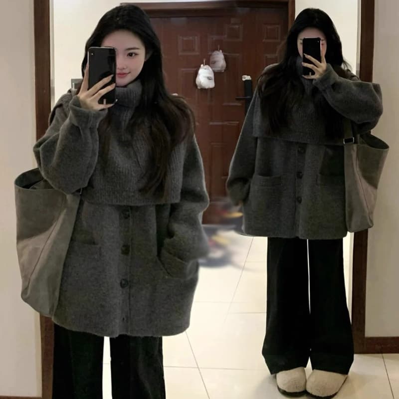 지금 한 부서 고급 센스 망토 숄 모직 외투 2025 새로운 잘 생긴 재킷 코디 와이드 레그 팬츠 투피스 세트 이미지 2