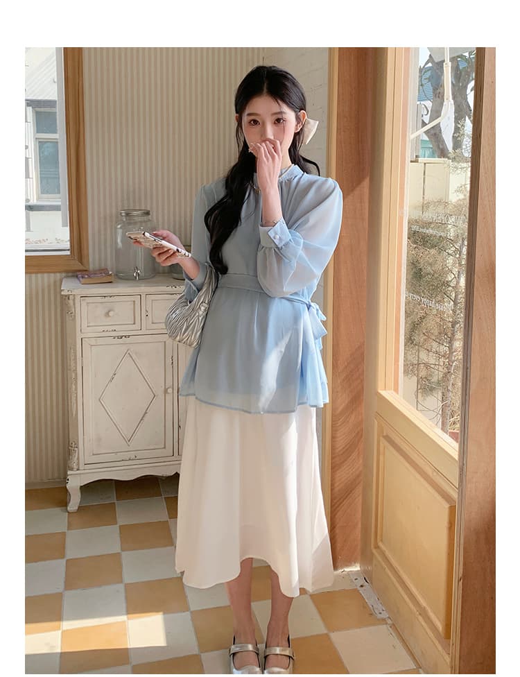 실사 지금 임산부 한국 드라마 차 부서 착용 가져 가라. 봄 새로운 마이크로 지방 고급 센스 로얄 자매 셔츠 반신 스커트 투피스 세트 상세 이미지 15