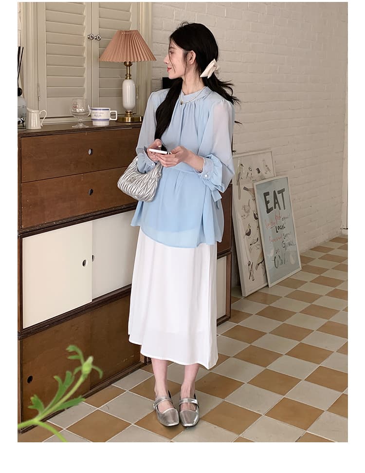 실사 지금 임산부 한국 드라마 차 부서 착용 가져 가라. 봄 새로운 마이크로 지방 고급 센스 로얄 자매 셔츠 반신 스커트 투피스 세트 상세 이미지 16
