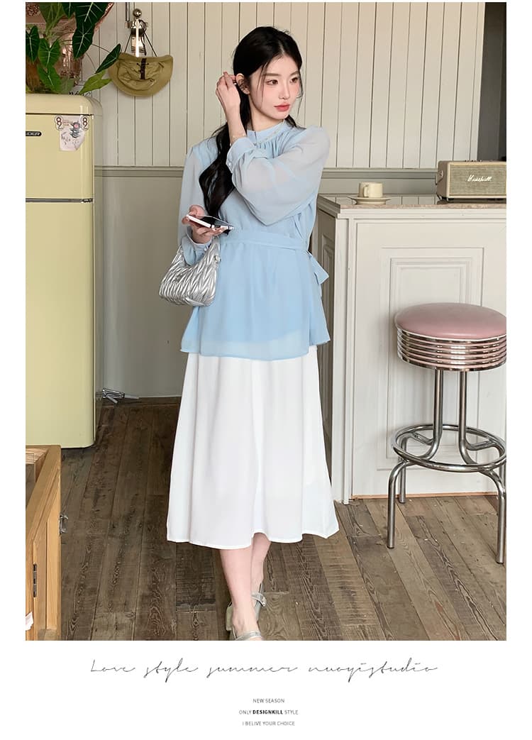 실사 지금 임산부 한국 드라마 차 부서 착용 가져 가라. 봄 새로운 마이크로 지방 고급 센스 로얄 자매 셔츠 반신 스커트 투피스 세트 상세 이미지 22
