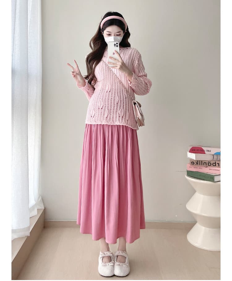 지금 실사 이른 봄 새로운 임산부 착용 가져 가라. 한 바람 고유 한 연령 감소 패션 홀로우 아웃 맨위 반신 치마 세트 상세 이미지 10