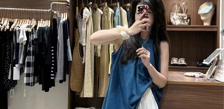 선물 물품 임산부 세트 여름 새로운 루즈핏 파란색 민소매 조끼 맨위 넓은 다리 캐주얼 바지 투피스 세트 상세 이미지 17