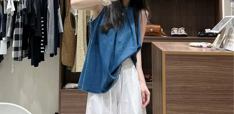 선물 물품 임산부 세트 여름 새로운 루즈핏 파란색 민소매 조끼 맨위 넓은 다리 캐주얼 바지 투피스 세트 상세 이미지 21