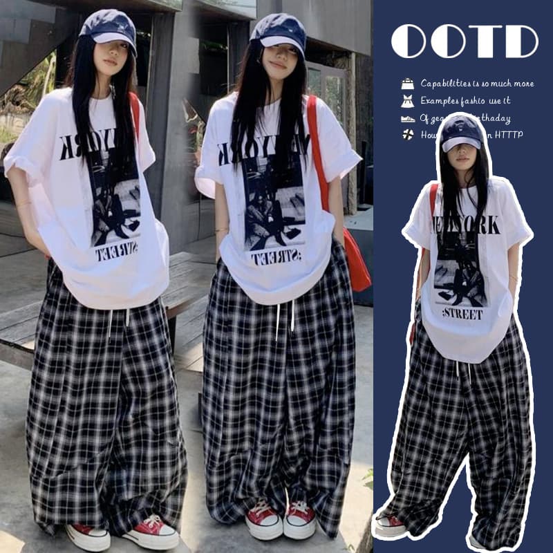 선물 물품 출산 착용 순면 티셔츠 스포츠 슈트 여름 루즈핏 캐주얼 넓은 다리 체크무늬 바지 투피스 세트