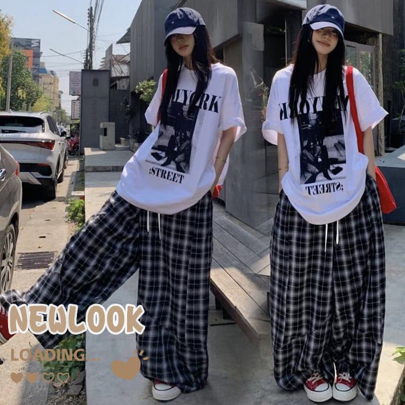 선물 물품 출산 착용 순면 티셔츠 스포츠 슈트 여름 루즈핏 캐주얼 넓은 다리 체크무늬 바지 투피스 세트 이미지 2