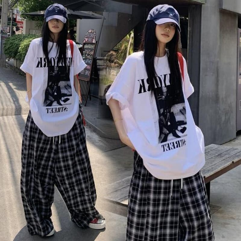 선물 물품 출산 착용 순면 티셔츠 스포츠 슈트 여름 루즈핏 캐주얼 넓은 다리 체크무늬 바지 투피스 세트 이미지 3