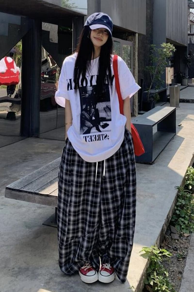 선물 물품 출산 착용 순면 티셔츠 스포츠 슈트 여름 루즈핏 캐주얼 넓은 다리 체크무늬 바지 투피스 세트 이미지 4