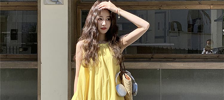 지금 지금 프랑스식 황색 민소매 점프 슈트 치마 여름 착용 가져 가라. 품격 슬림해 보이는 해변가 휴가 바람 여름 롱 스커트 상세 이미지 25