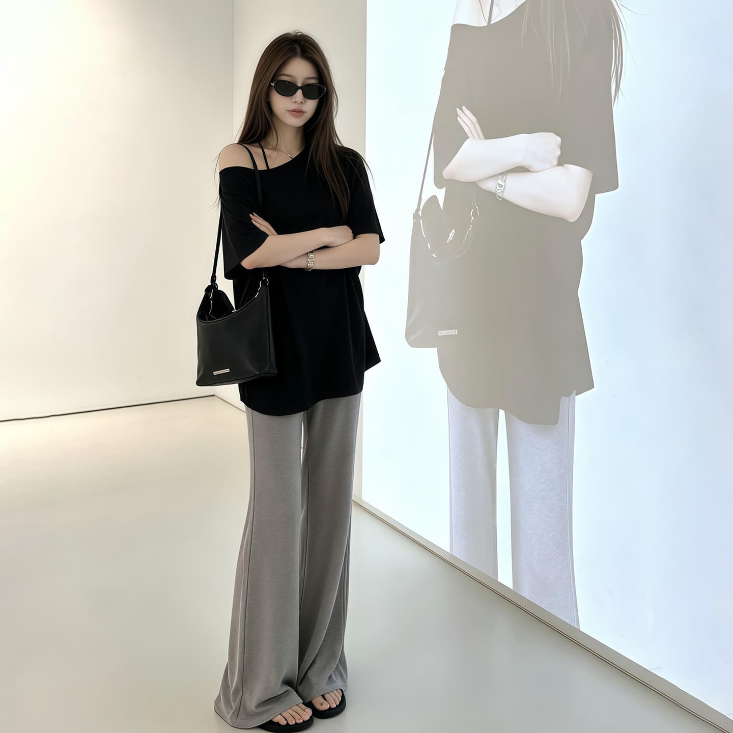 지금 지금 임산부 세트 새로운 편안함 코디 여름 미니멀리즘 패션 비스듬한 어깨 반팔 티셔츠 와이드 레그 팬츠 투피스 세트 이미지 4