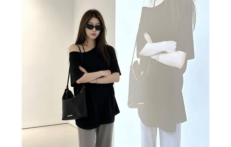 지금 지금 임산부 세트 새로운 편안함 코디 여름 미니멀리즘 패션 비스듬한 어깨 반팔 티셔츠 와이드 레그 팬츠 투피스 세트 상세 이미지 27