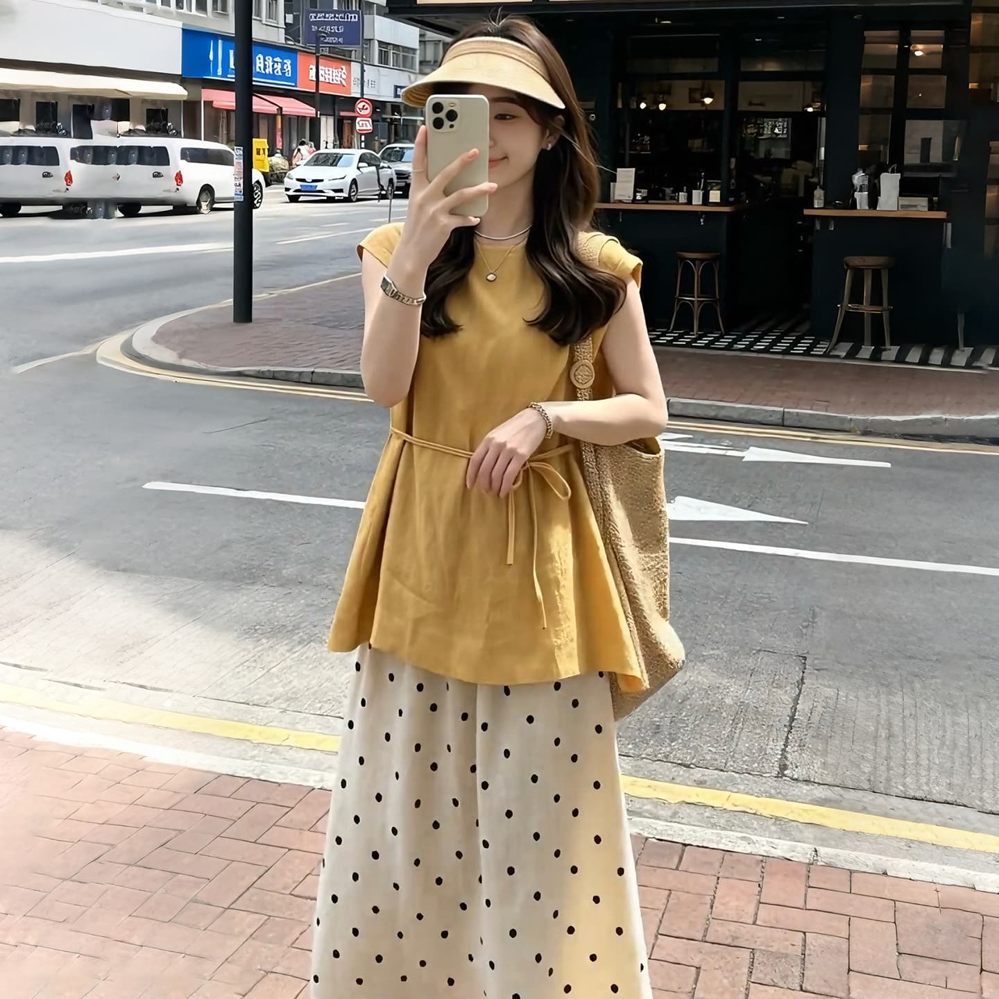 임산부 새로운 여름 코디 전체 집합 한 부서 착용 가져 가라. 연령 감소 민소매 맨위 도트 무늬 반신 치마 세트 이미지 3