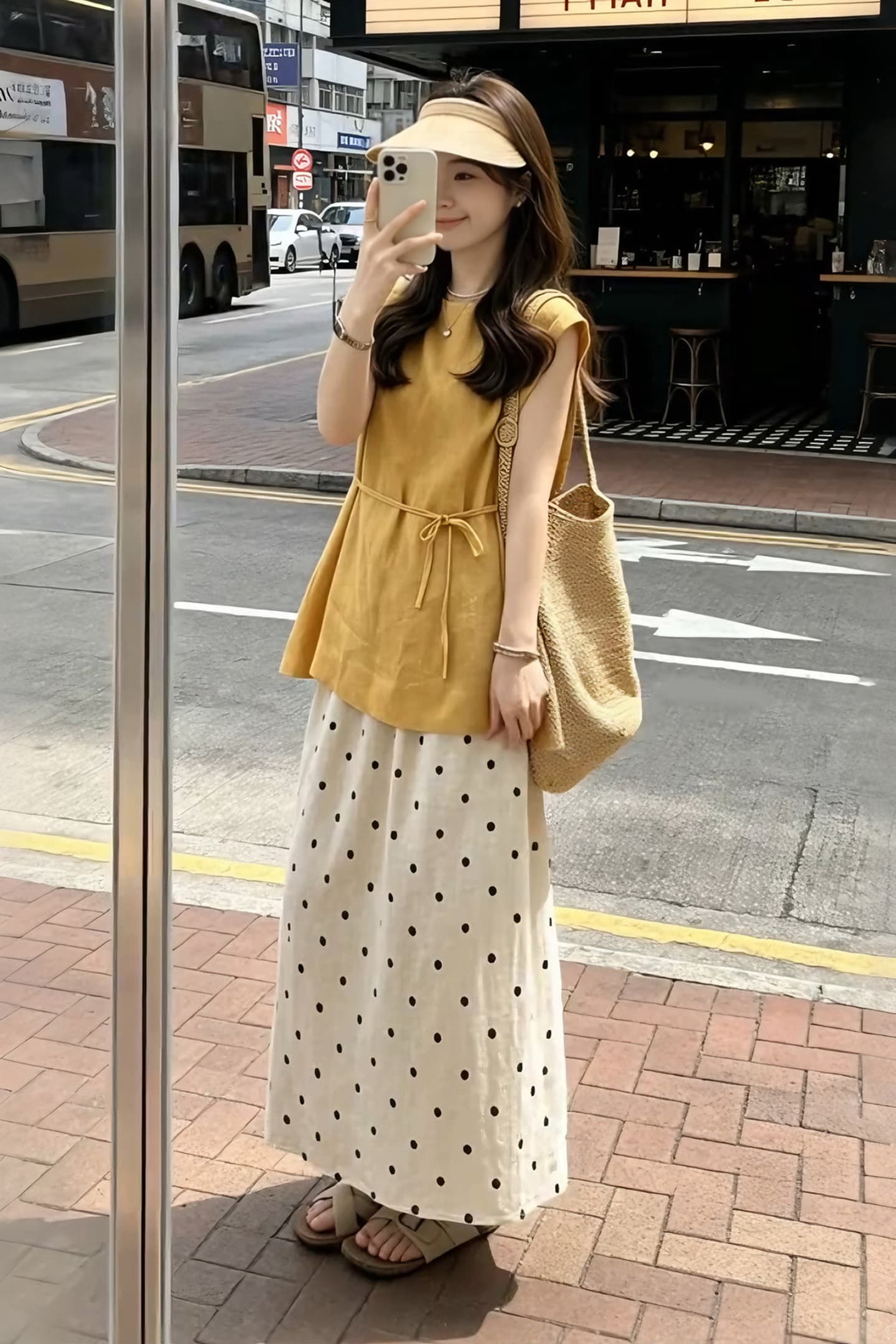 임산부 새로운 여름 코디 전체 집합 한 부서 착용 가져 가라. 연령 감소 민소매 맨위 도트 무늬 반신 치마 세트 이미지 4
