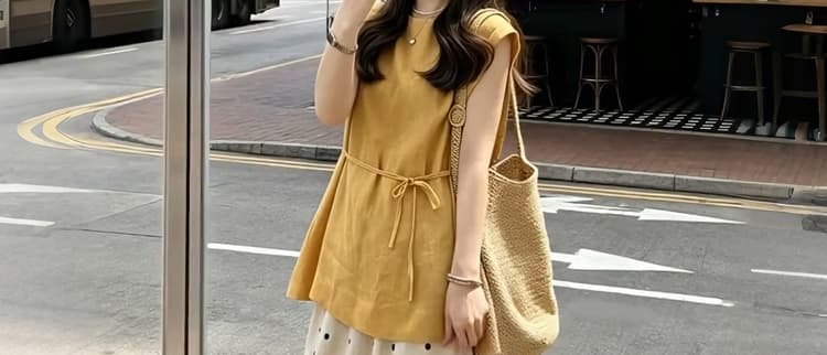 임산부 새로운 여름 코디 전체 집합 한 부서 착용 가져 가라. 연령 감소 민소매 맨위 도트 무늬 반신 치마 세트 상세 이미지 23