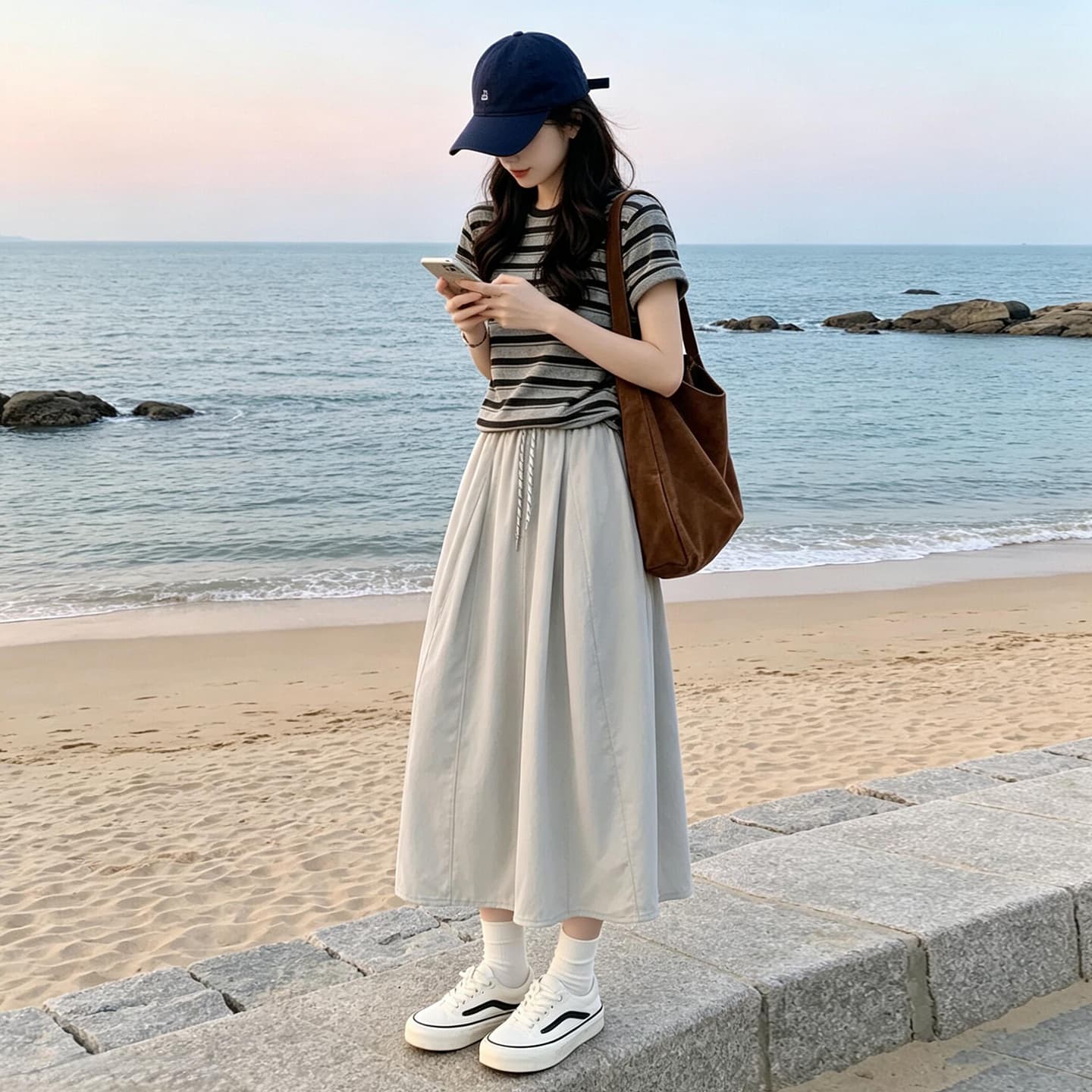지금 2026 새로운 한 부서 학원 스타일 여름 스트라이프 맨위 회색 반신 스커트 그레이트 통해보기 가져 가라. 전체 집합 이미지 3