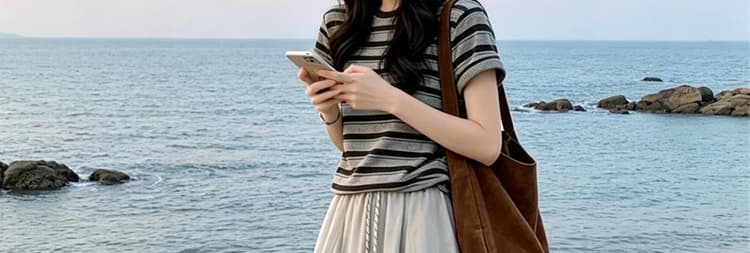 지금 2026 새로운 한 부서 학원 스타일 여름 스트라이프 맨위 회색 반신 스커트 그레이트 통해보기 가져 가라. 전체 집합 상세 이미지 21