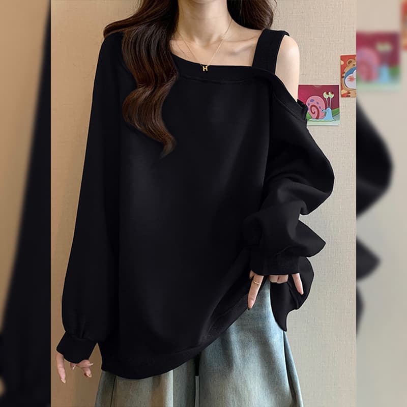 지금 새로운 임산부 패션 디자인 센스 홀로우 아웃 오프숄더 긴팔 슬림해 보이는 Chic 비스듬한 어깨 루즈핏 외국 가스 맨위 이미지 2