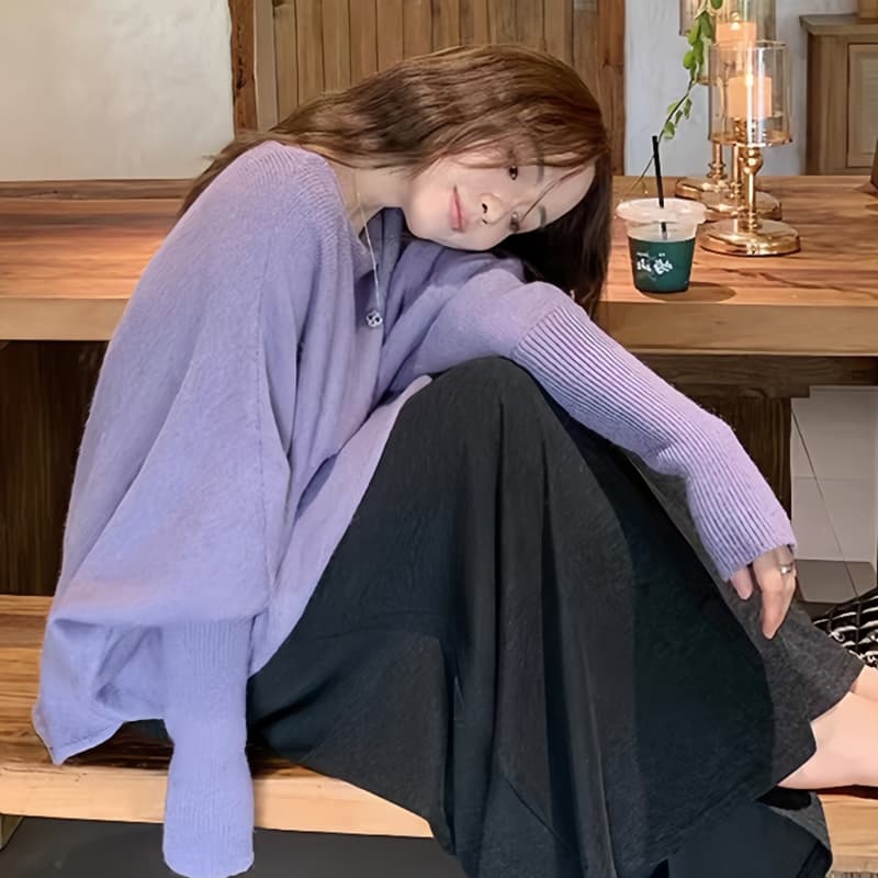 지금 연령 감소 전체 집합 한 부서 고급 센스 관대 한 점잖은 착용 가져 가라. 배트윙 소매 니트 반신 스커트 투피스 세트 이미지 3