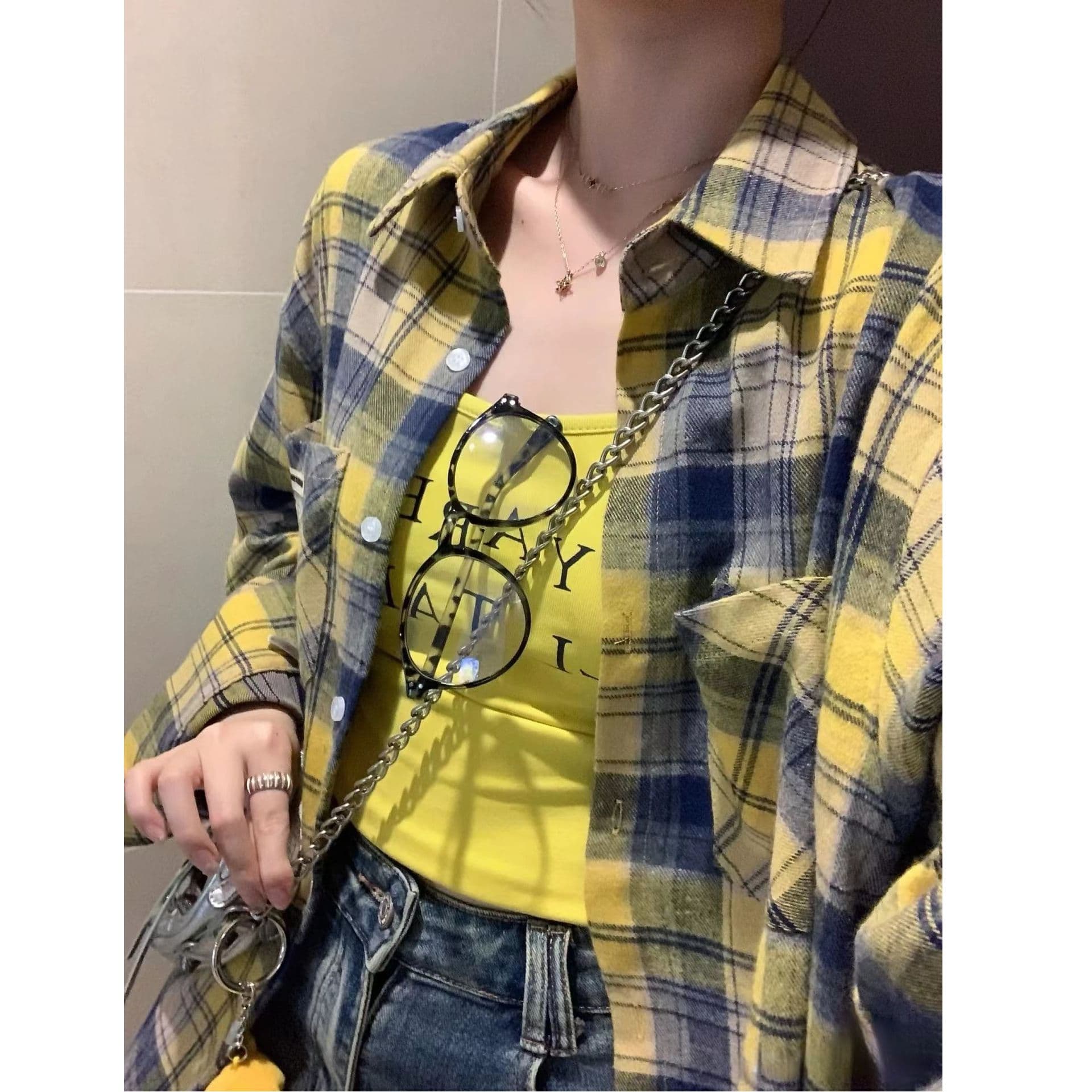 원본 원단 도파민 순면 황색 검정색 체크무늬 여성 셔츠 루즈핏 느긋한 바람 셔츠 태양 보호 셔츠 외출용 상세 이미지 9