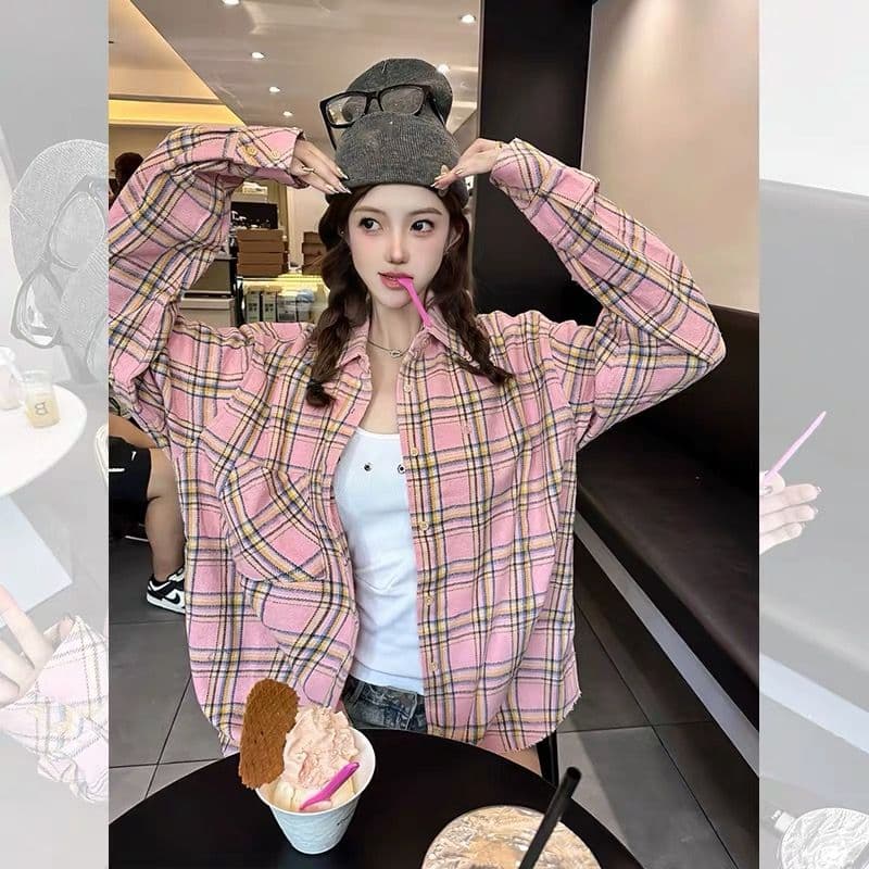 센 부서 달콤함 핑크색 체크무늬 여성 셔츠 이른 가을 중 두꺼움 루즈핏 캐주얼 슬림해 보이는 중간 길이 셔츠 외출용 오픈 가디건 이미지 3