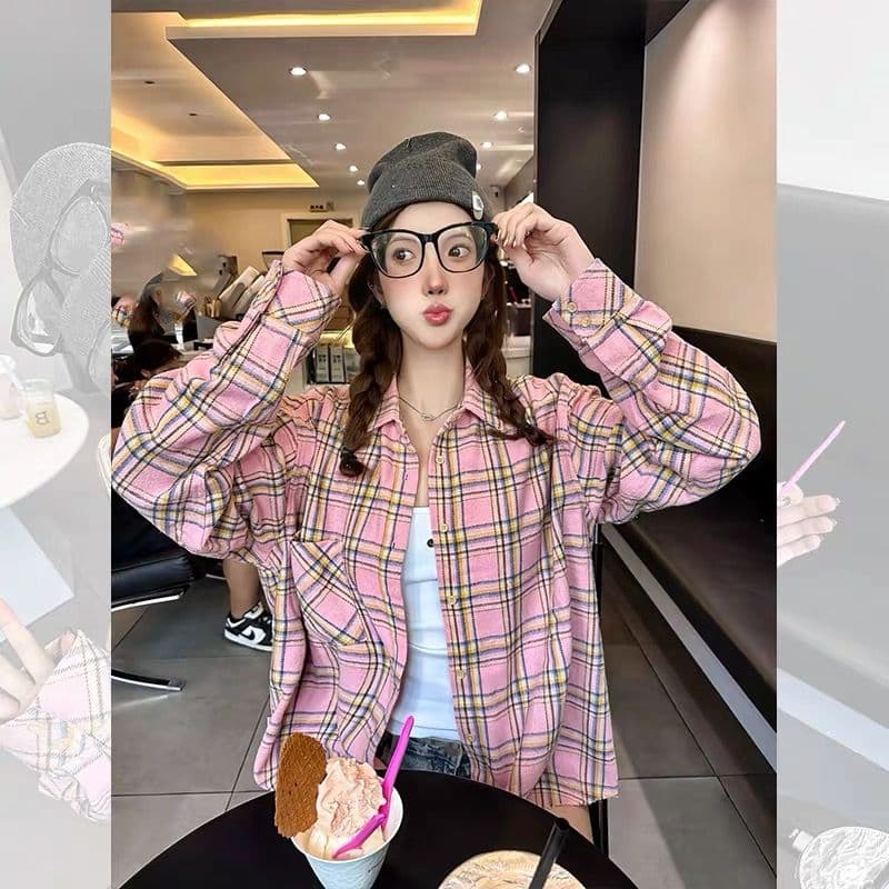 센 부서 달콤함 핑크색 체크무늬 여성 셔츠 이른 가을 중 두꺼움 루즈핏 캐주얼 슬림해 보이는 중간 길이 셔츠 외출용 오픈 가디건 이미지 2