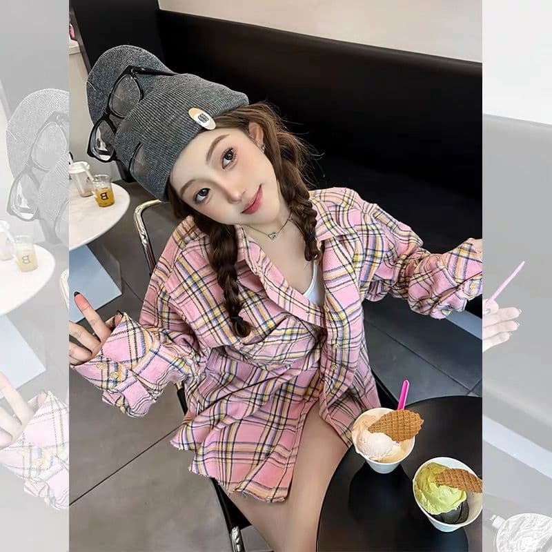 센 부서 달콤함 핑크색 체크무늬 여성 셔츠 이른 가을 중 두꺼움 루즈핏 캐주얼 슬림해 보이는 중간 길이 셔츠 외출용 오픈 가디건 상세 이미지 7