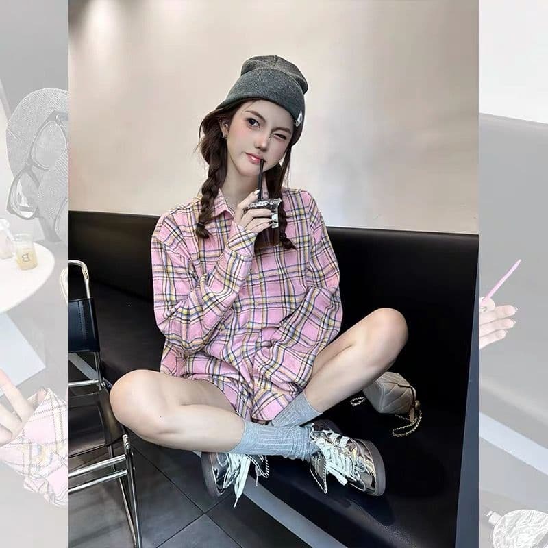 센 부서 달콤함 핑크색 체크무늬 여성 셔츠 이른 가을 중 두꺼움 루즈핏 캐주얼 슬림해 보이는 중간 길이 셔츠 외출용 오픈 가디건 상세 이미지 8