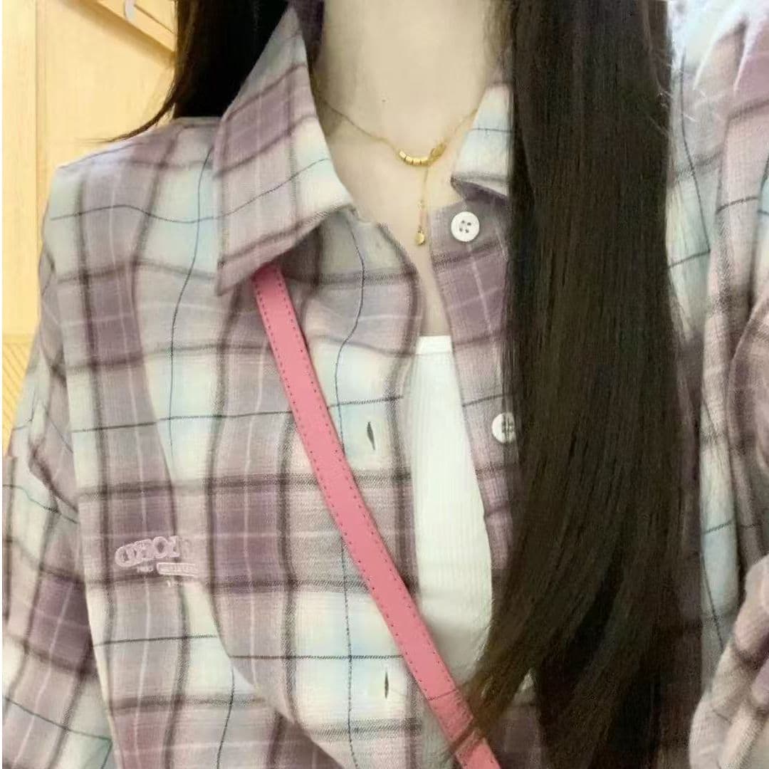 슈퍼 디스플레이 화이트 한 부서 작은 대중 디자인 센스 보라색 체크무늬 긴팔 루즈핏 여성 셔츠 봄 가을 겨울 조수 브랜드 캐주얼 셔츠 이미지 2