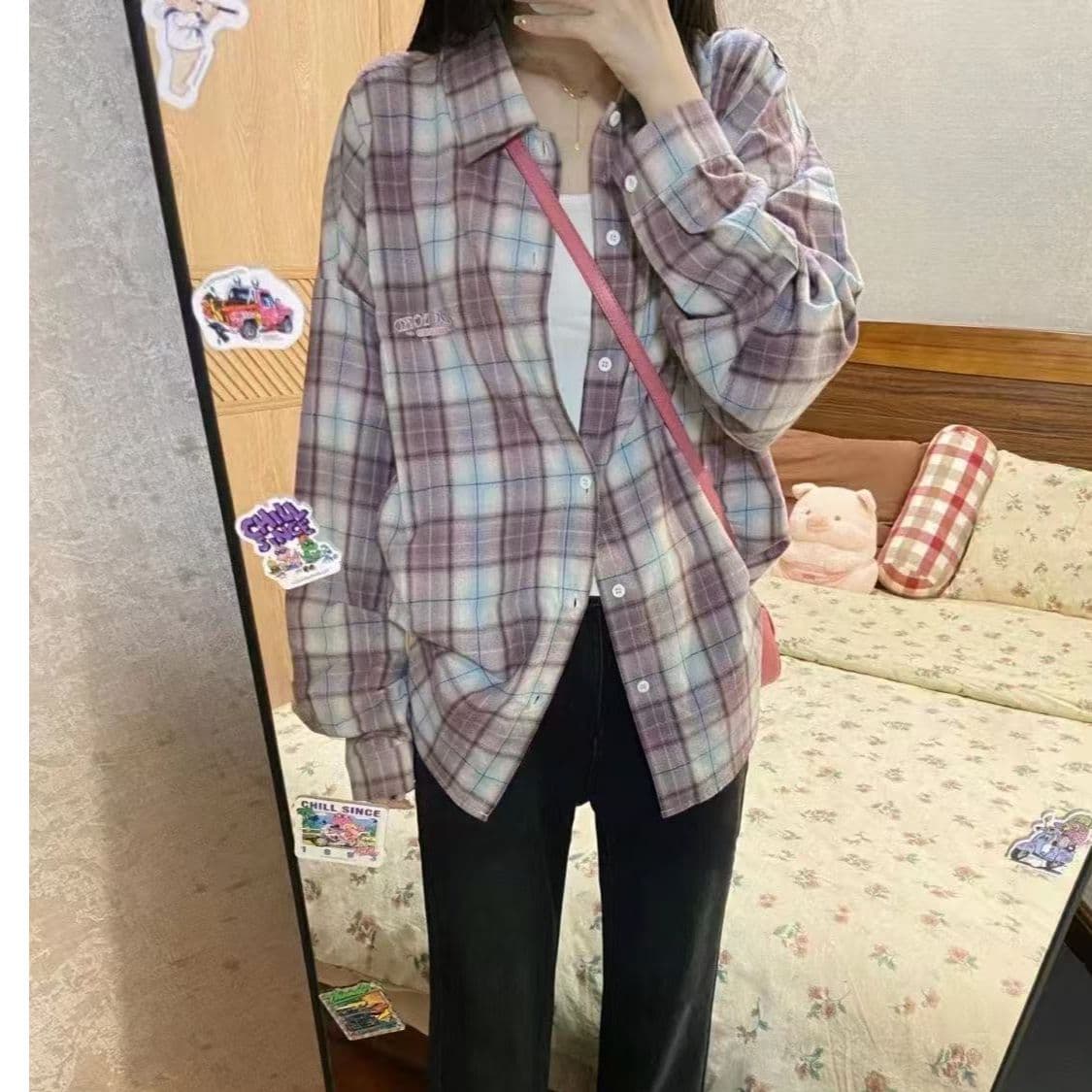 슈퍼 디스플레이 화이트 한 부서 작은 대중 디자인 센스 보라색 체크무늬 긴팔 루즈핏 여성 셔츠 봄 가을 겨울 조수 브랜드 캐주얼 셔츠 상세 이미지 3