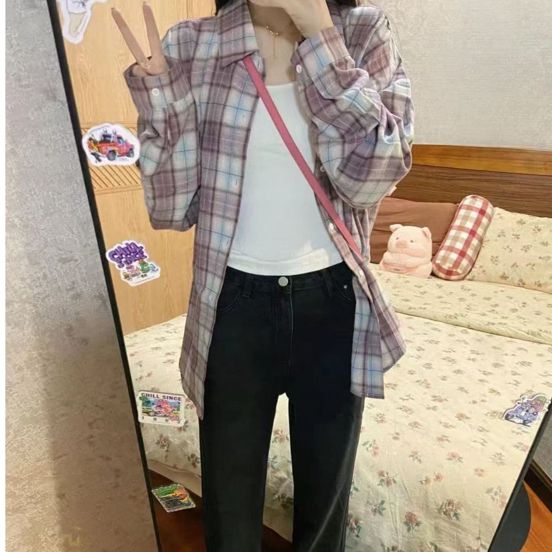 슈퍼 디스플레이 화이트 한 부서 작은 대중 디자인 센스 보라색 체크무늬 긴팔 루즈핏 여성 셔츠 봄 가을 겨울 조수 브랜드 캐주얼 셔츠 상세 이미지 9