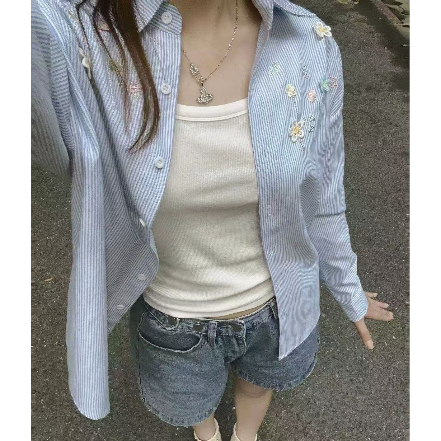 원본 원단 자수 스트라이프 여성 셔츠 스택 착용 표지 고기 루즈핏 다용도 셔츠 외부 가져 가라. 자외선 차단 오픈 가디건 ins 트렌디 상세 이미지 7