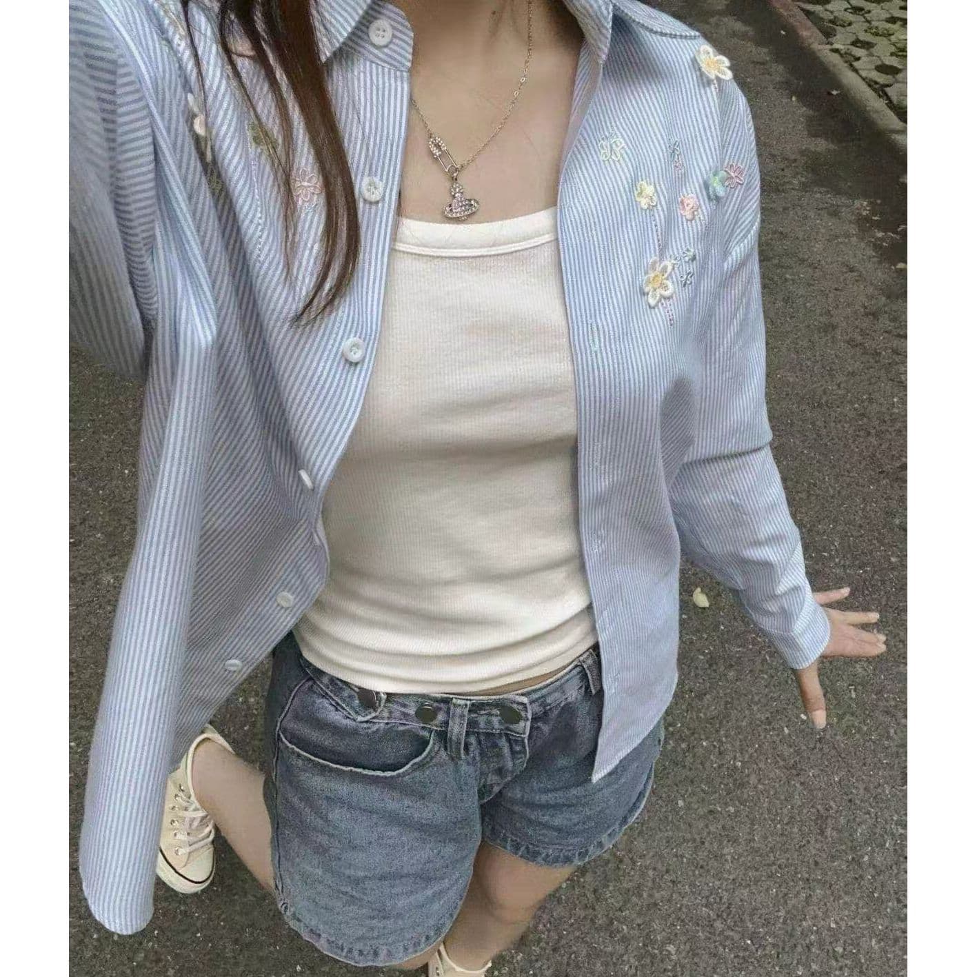 원본 원단 자수 스트라이프 여성 셔츠 스택 착용 표지 고기 루즈핏 다용도 셔츠 외부 가져 가라. 자외선 차단 오픈 가디건 ins 트렌디 상세 이미지 8