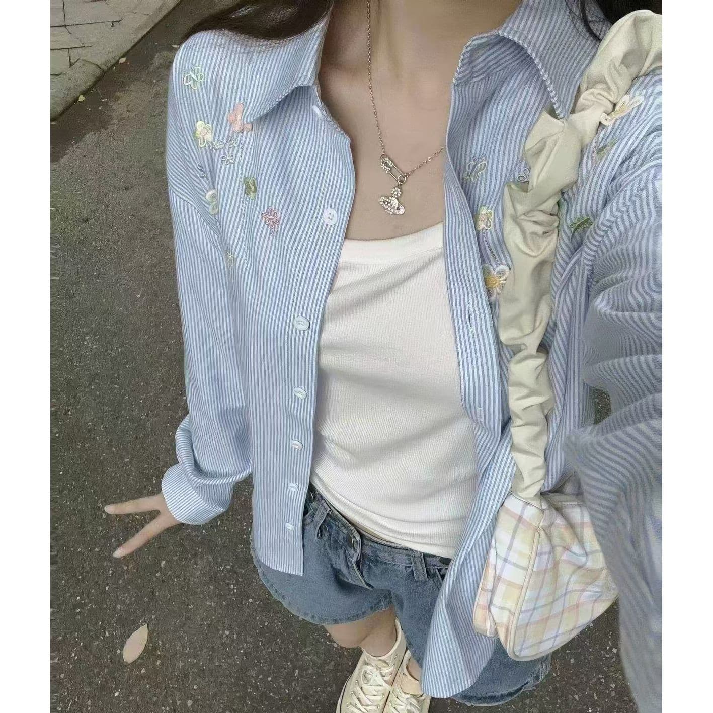 원본 원단 자수 스트라이프 여성 셔츠 스택 착용 표지 고기 루즈핏 다용도 셔츠 외부 가져 가라. 자외선 차단 오픈 가디건 ins 트렌디 상세 이미지 10