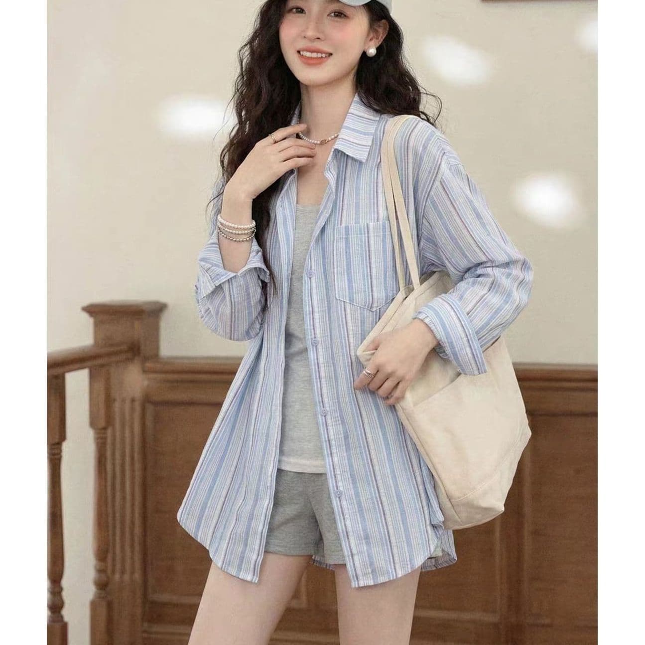 핑크색 스트라이프 POLO 칼라 긴팔 셔츠 여성 의류 여름 얇은 스타일 루즈핏 자외선 차단 셔츠 중간 길이 맨위 이미지 4