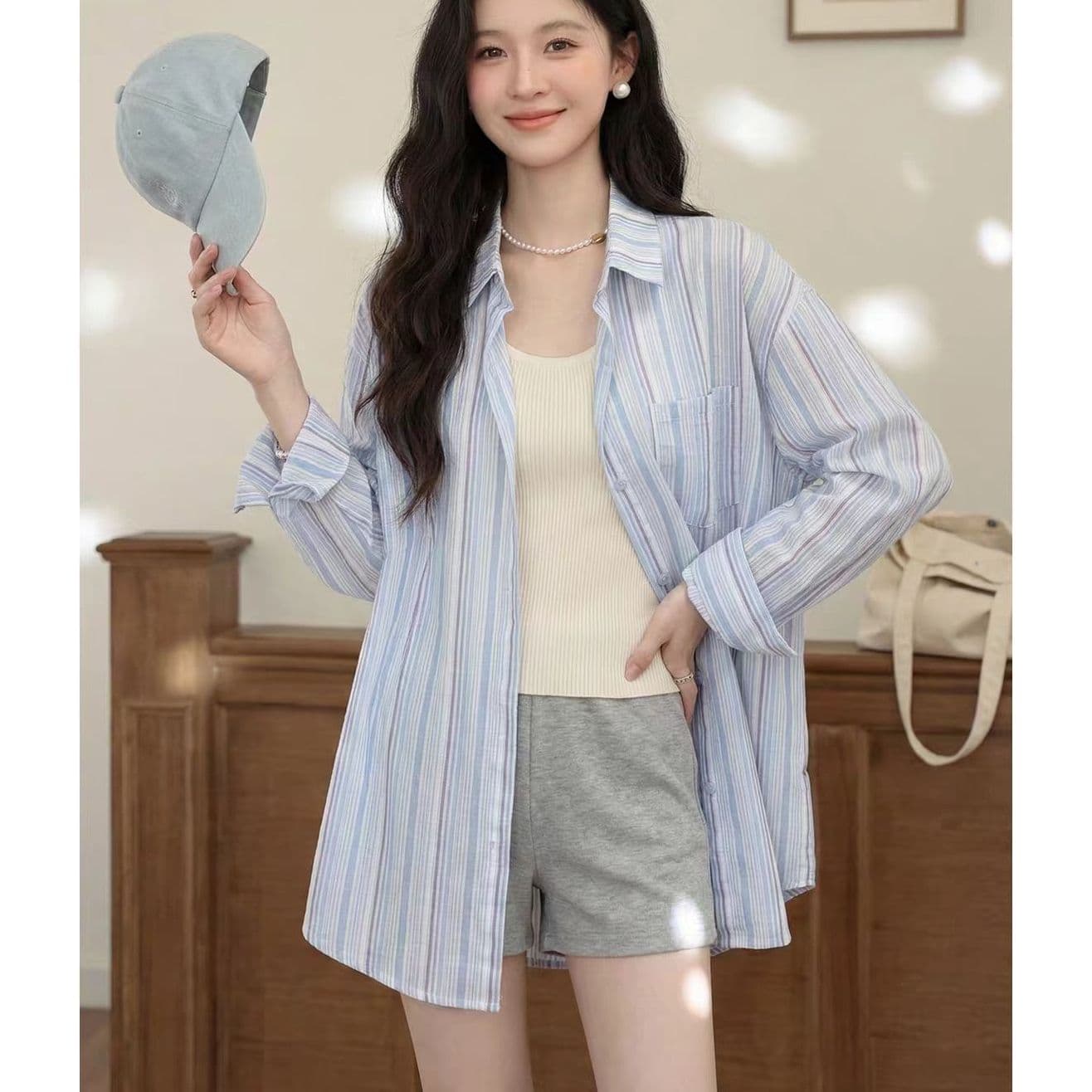 핑크색 스트라이프 POLO 칼라 긴팔 셔츠 여성 의류 여름 얇은 스타일 루즈핏 자외선 차단 셔츠 중간 길이 맨위 상세 이미지 9