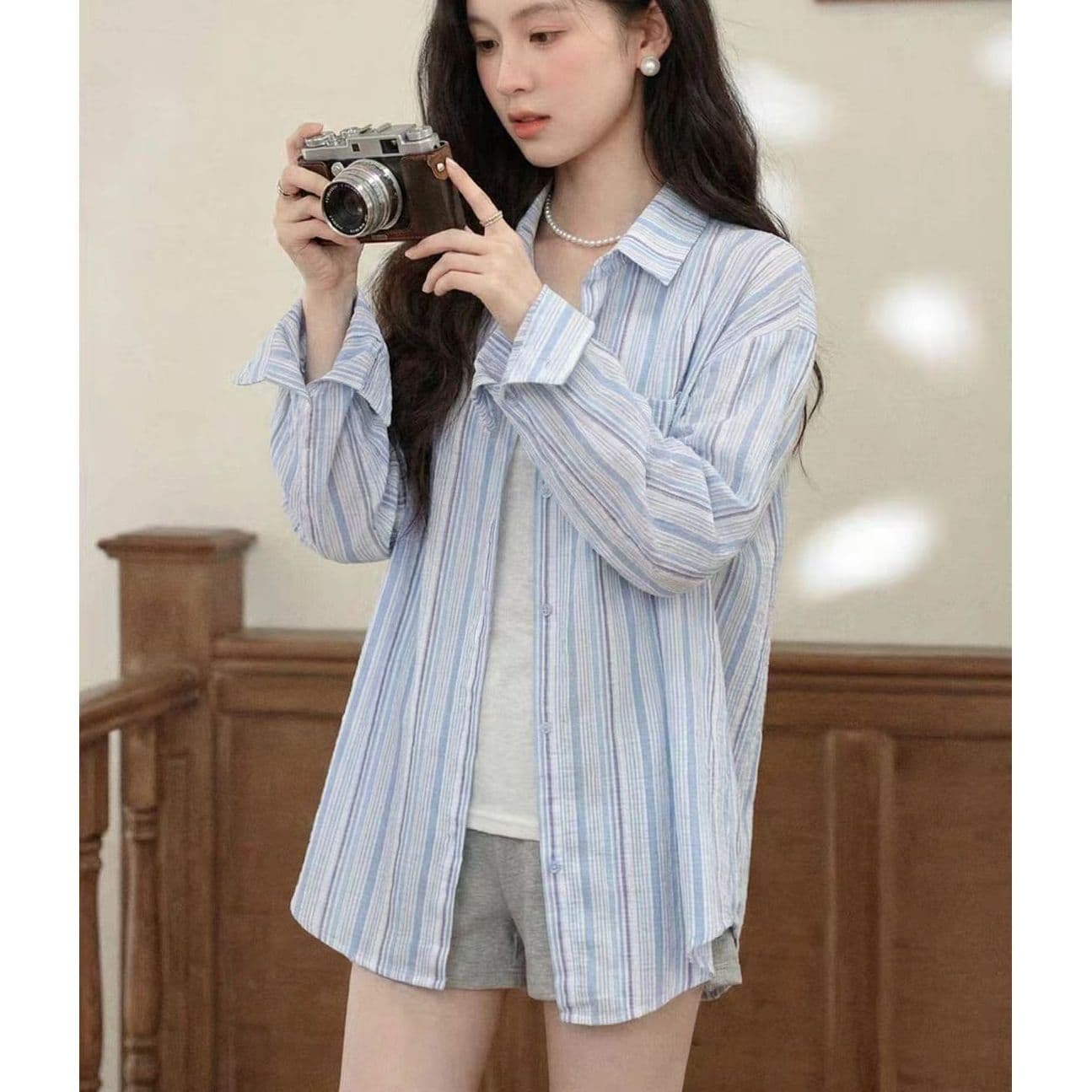 핑크색 스트라이프 POLO 칼라 긴팔 셔츠 여성 의류 여름 얇은 스타일 루즈핏 자외선 차단 셔츠 중간 길이 맨위 상세 이미지 11