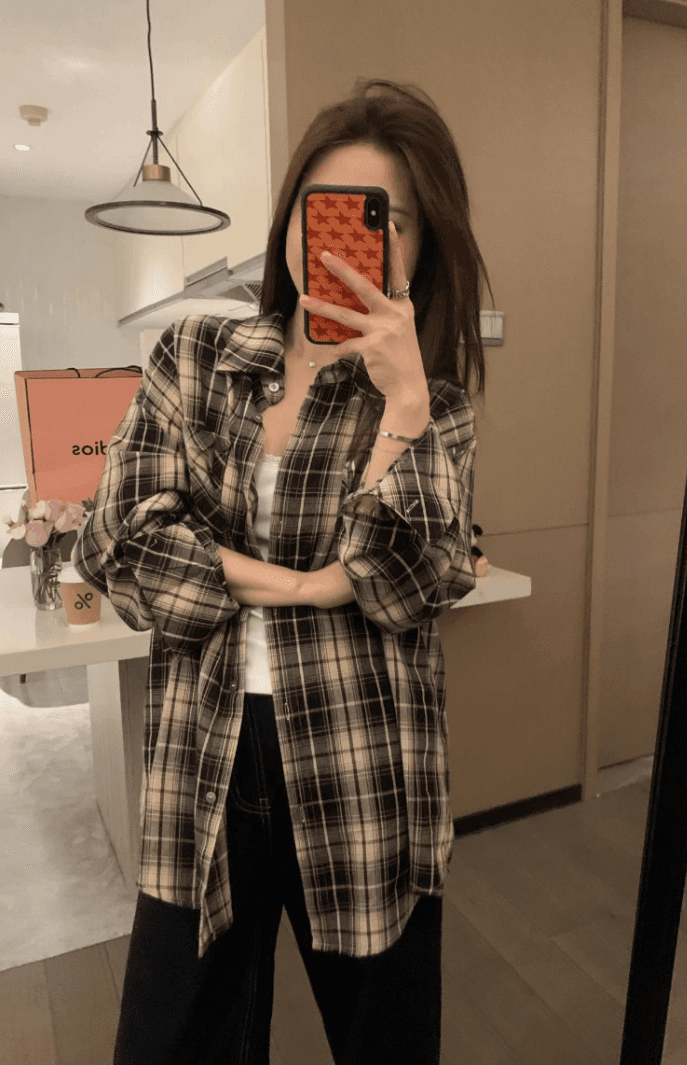 레트로 체크무늬 여성 셔츠 한국 스타일 트렌드 봄 가을 디자인 센스 얇은 스타일 재킷 루즈핏 느긋한 바람 다용도 셔츠 서비스 이미지 3