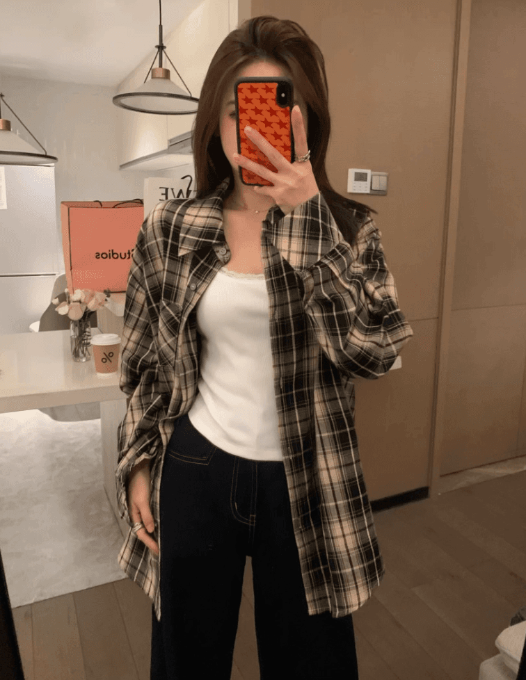 레트로 체크무늬 여성 셔츠 한국 스타일 트렌드 봄 가을 디자인 센스 얇은 스타일 재킷 루즈핏 느긋한 바람 다용도 셔츠 서비스 상세 이미지 3